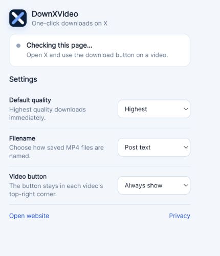 The DownXVideo popup with page status, default quality, filename, and video button settings