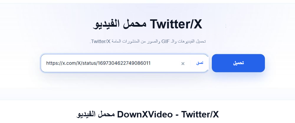 تم إدخال رابط المنشور X العام في مربع الإدخال، ويظهر زر التنزيل باللون الأزرق على الجانب الأيمن.