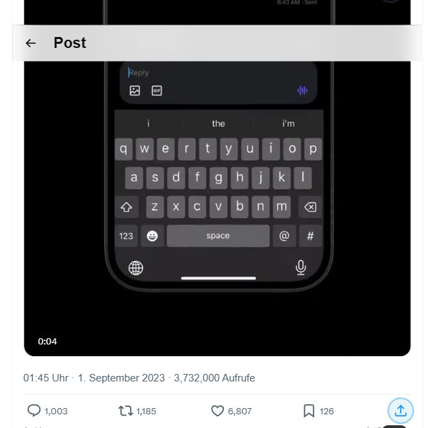 Öffnen Sie die Antwort-, Weiterleitungs-, Gefällt-mir-, Favoriten- und Share-Leiste unten unter dem X-Video-Beitrag. Das Symbol zum Teilen befindet sich ganz rechts.