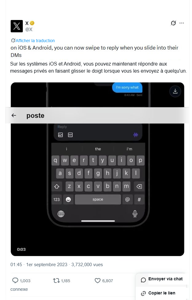 L'interface après avoir ouvert le menu de partage d'un post public sur X, où l'option « Copier le lien » est clairement visible.