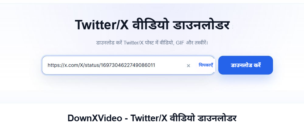 DownXVideo इनपुट बॉक्स में पहले से ही सार्वजनिक X पोस्ट लिंक भरी हुई है, दाईं ओर नीला डाउनलोड बटन दिखाई देता है।