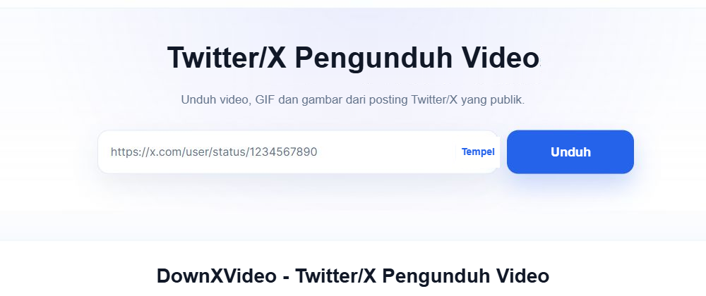 DownXVideo kotak input tautan di halaman beranda bahasa artikel, tombol tempel, dan tombol unduh biru.