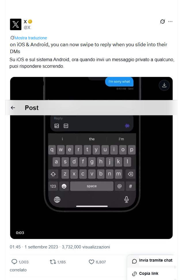 Interfaccia del post pubblico di X dopo aver aperto il menu di condivisione, con l'opzione 'Copia link' chiaramente visibile.