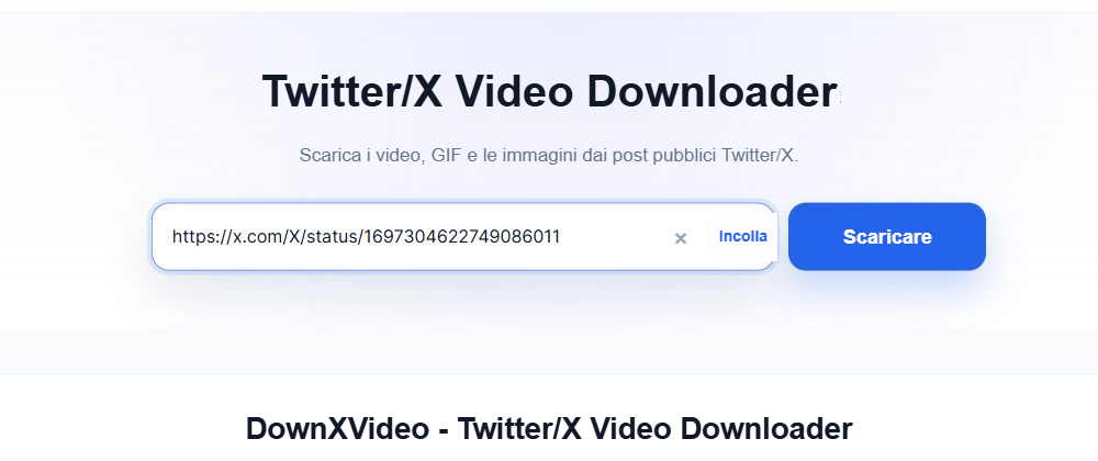 Nel campo DownXVideo è già stato inserito il link al post pubblico X, sul lato destro appare il pulsante di download blu.