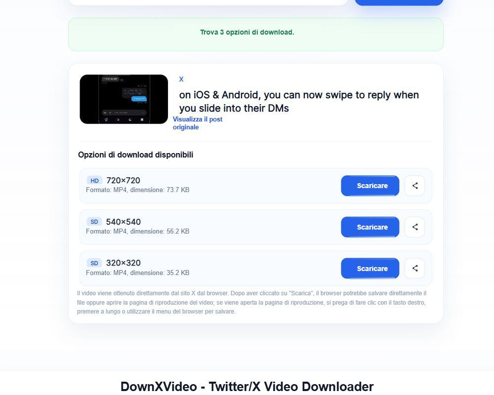 DownXVideo mostra un'anteprima del post e tre opzioni di download MP4, ciascuna contenente risoluzione, dimensione del file e pulsante di download.