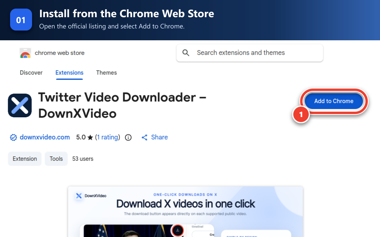 Pagina ufficiale di DownXVideo nel Chrome Web Store con il pulsante Aggiungi a Chrome chiaramente evidenziato.