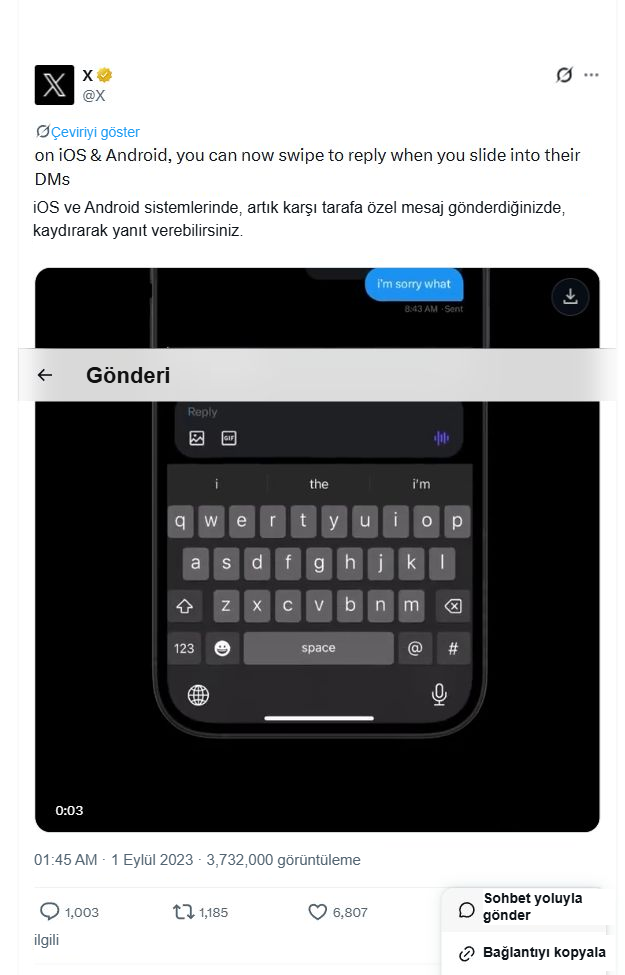 X'in açık gönderisinin paylaşım menüsü açıldıktan sonraki arayüzü, burada 'Bağlantıyı Kopyala' seçeneği net bir şekilde görülüyor.